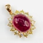GIL Certified Yellow Gold 14K Natural Rubellite Tourmaline Cabochon Pendant