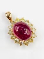 GIL Certified Yellow Gold 14K Natural Rubellite Tourmaline Cabochon Pendant