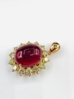 GIL Certified Yellow Gold 14K Natural Rubellite Tourmaline Cabochon Pendant - Image 3